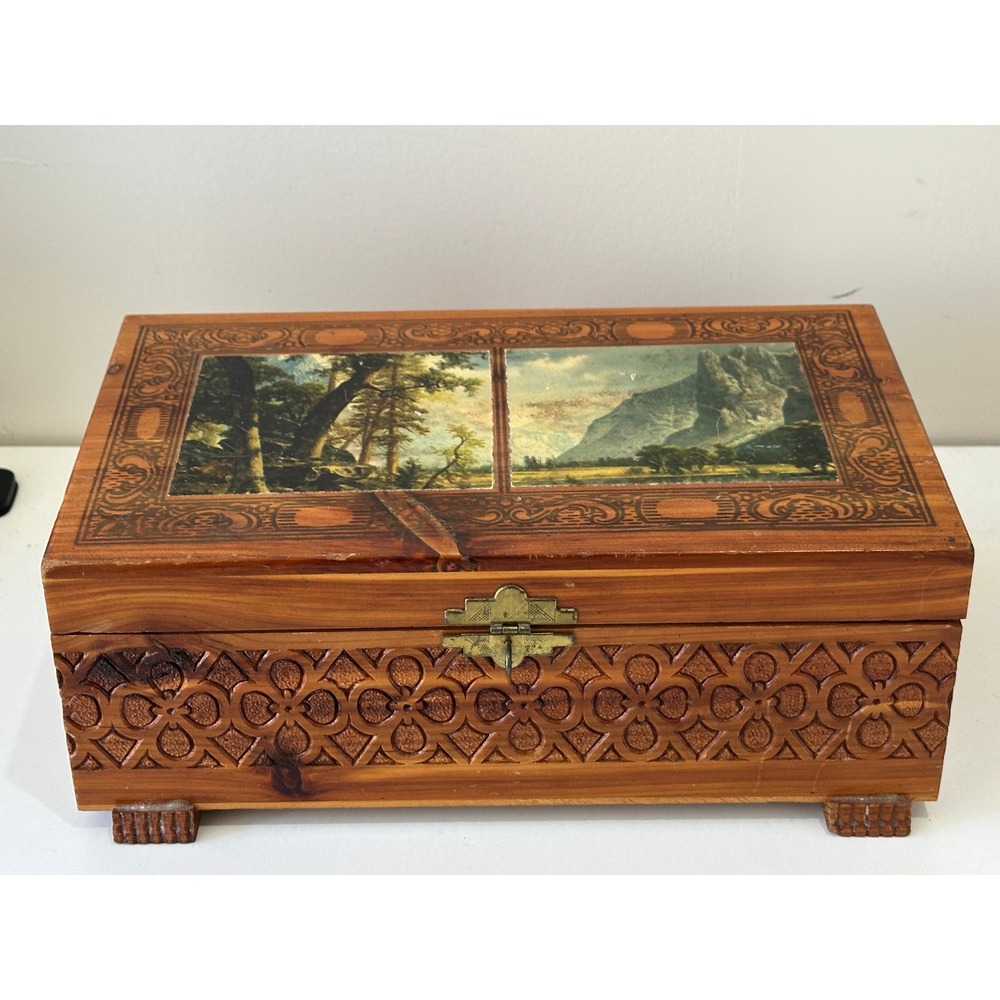 Vintage‎ Wooden Jewelry Box Landscape Scenic Carved Latch Hinged